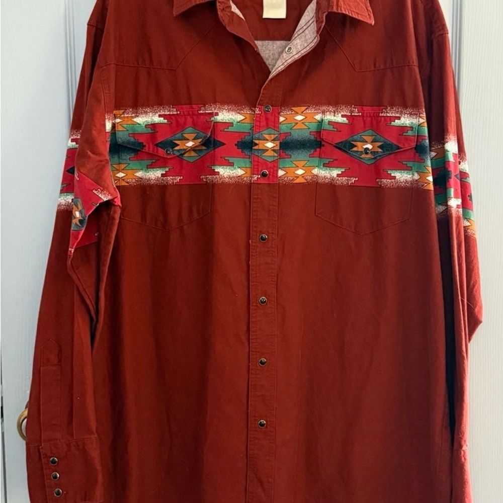 Vintage 90’s Rustler by Wrangler Pearl Snap Western Aztec Shirt Red XLT